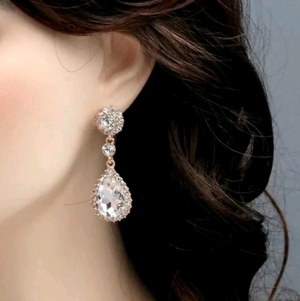 Crystal Clear Drop Dangle Earrings With Gold Surround